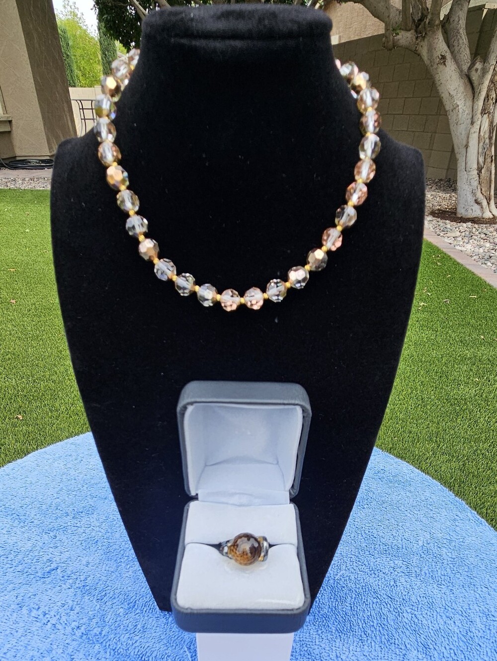 925 Smoky Quartz Ring Size 7.75 & Vintage AB Crystal Bead Choker